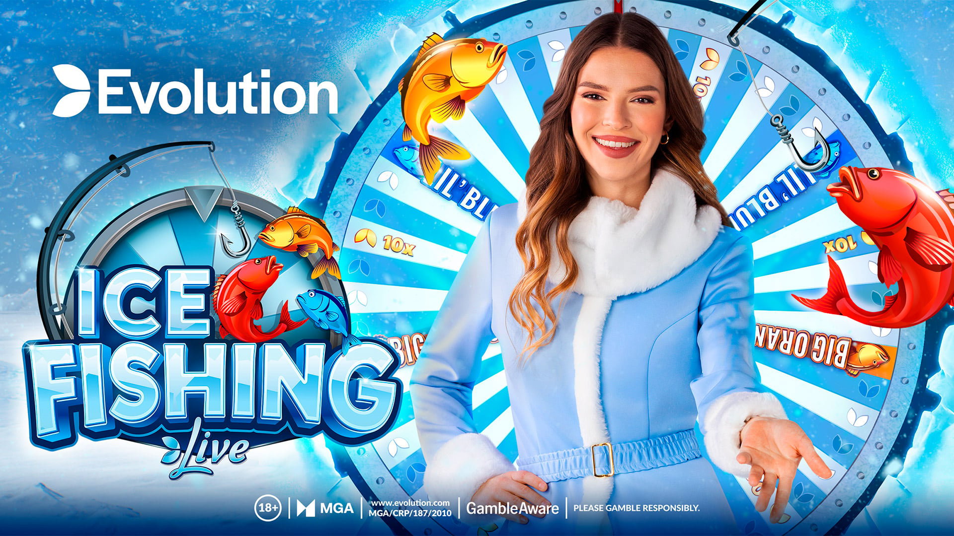 Ice Fishing live game show key art by Evolution Gaming with presenter and game wheel