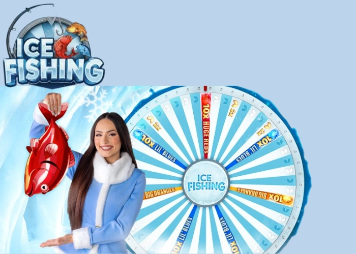 Evolution Gaming presenter holding a Huge Reds fish beside the Ice Fishing wheel