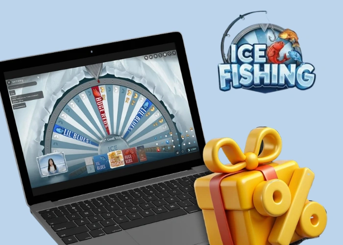 Ice Fishing bonus round shown on a laptop with the game logo